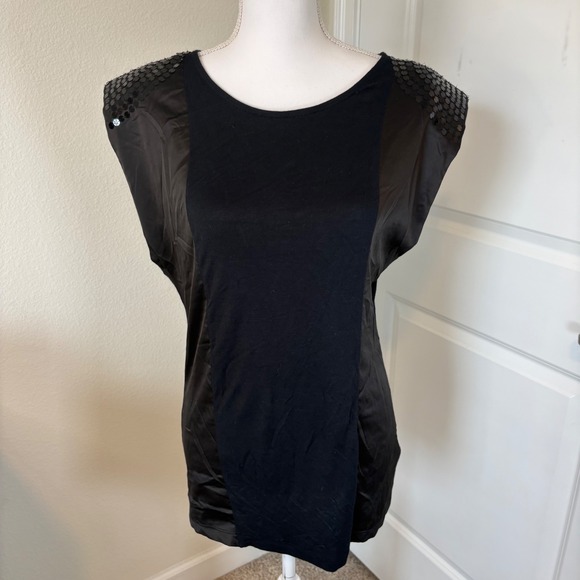 Walter Baker Tops - Walter Black Sequin Shoulder Mixed Media Tie Back Top Medium